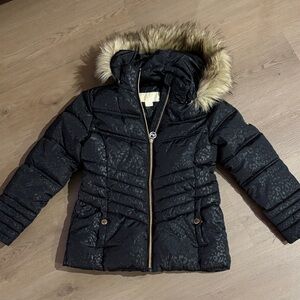 Michael Kors Girls' Black Puffer Coat with Detachable Faux Fur Hood